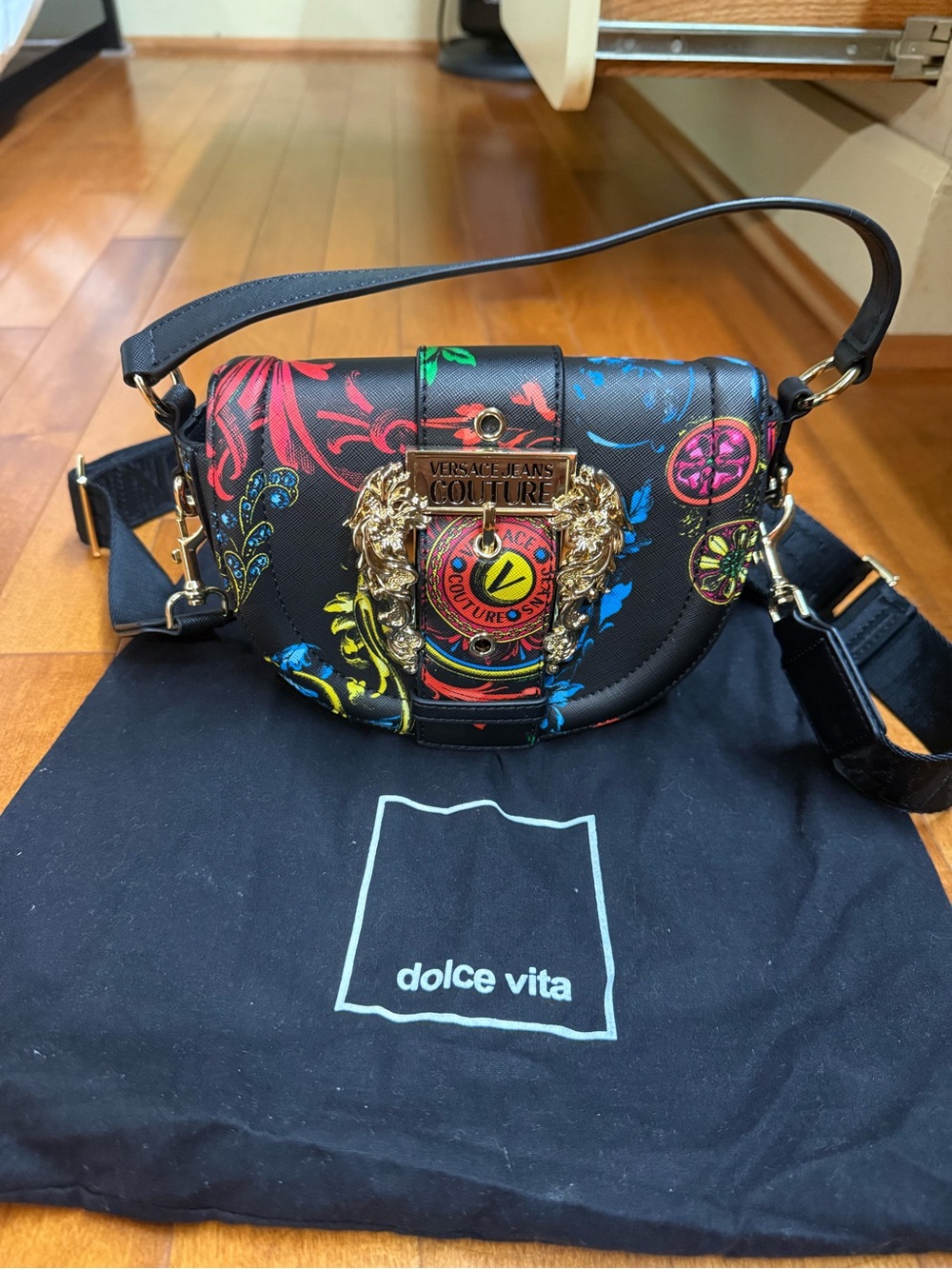 Versace Jeans Couture Black Multicolor Baroque Crossbody Bag with Gold Emblem